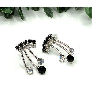 Vintage Rhinestone Dangle Earrings Silver Black Crystal Cluster